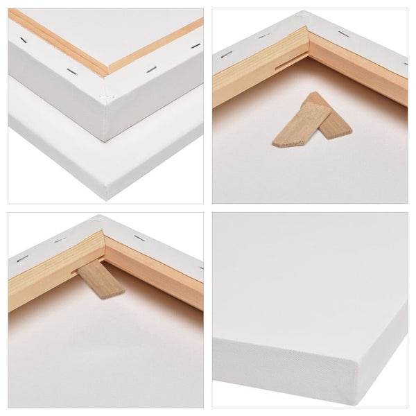 Mehrteilige Nahaufnahme einer Keilrahmenleinwand mit Holzrahmen und Spannkeilen