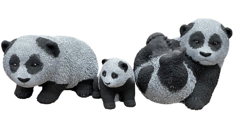 Drei Panda Gartenfiguren aus Kunstharz in verschiedenen Posen zur Dekoration im Außenbereich