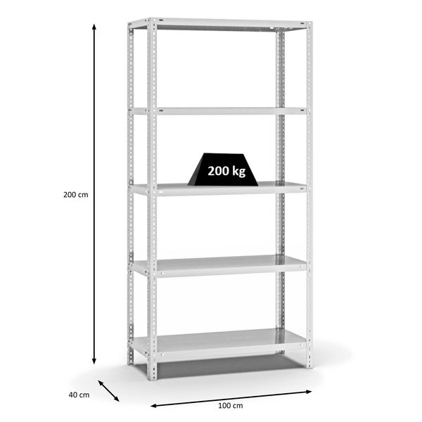 PROREGAL Fachbodenregal Schraubsystem Medium-Duty Grundregal HxBxT 200 x 100 x 40 cm 5 Ebenen Fachlast 200 kg Beidseitig Nutzbar Lichtgrau