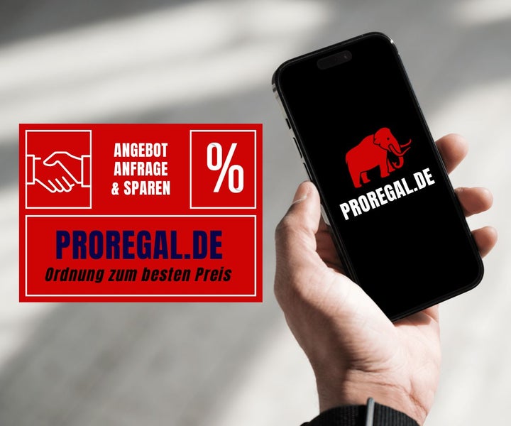 Hand hält Smartphone mit ProRegal Logo neben Banner für Angebotsanfragen und Ersparnisse bei ProRegal.