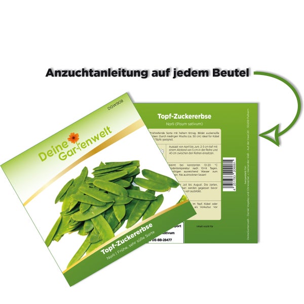 Samenbeutel für Topf-Zuckererbse Norli mit Deine Gartenwelt Logo und Anzuchtanleitung auf der Rückseite.