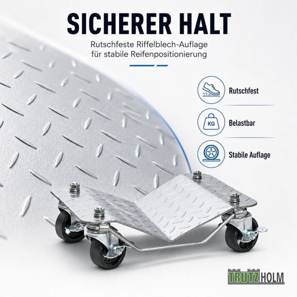 Rangierhilfe aus Riffelblech mit vier Rollen für Reifen, für stabilen Halt und rutschfeste Positionierung, Trutzholm Logo.