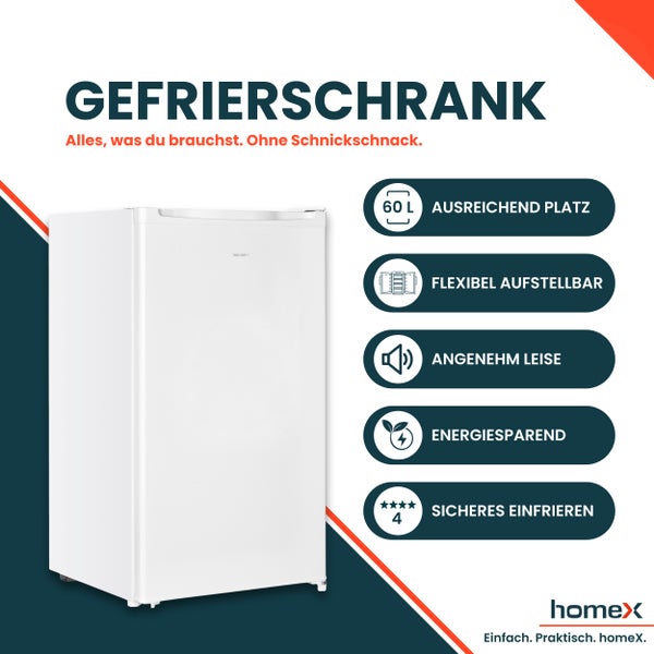 Weißer Gefrierschrank mit 60 Liter Fassungsvermögen und HomeX Logo
