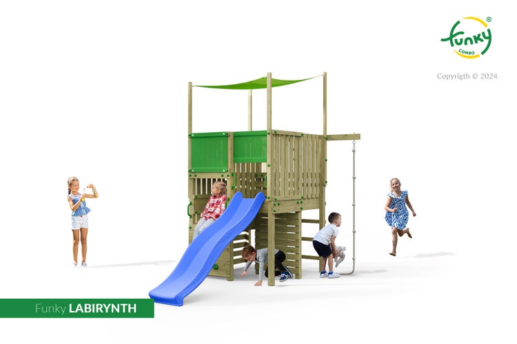 Spielturm Funky Combo Labirynth aus Holz mit spielenden Kindern, Rutsche, Kletterseil und Sonnensegel. Funky Combo Logo.