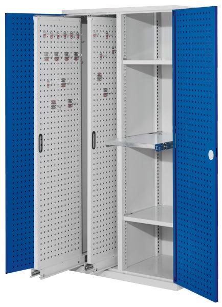 Blauer Werkzeugschrank aus Metall mit zwei ausziehbaren Lochwänden inklusive Haken und mehreren verstellbaren Fachböden.