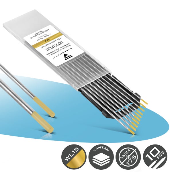 Stahlwerk Wolframelektroden WL15 Gold zum WIG-Schweißen, 10-teiliges Set in verschiedenen Größen, 1,6 und 2,4 mal 175 Millimeter.
