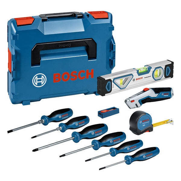 Bosch Werkzeugsatz mit Werkzeugkoffer, Wasserwaage, Messer, Maßband und Schraubendrehern