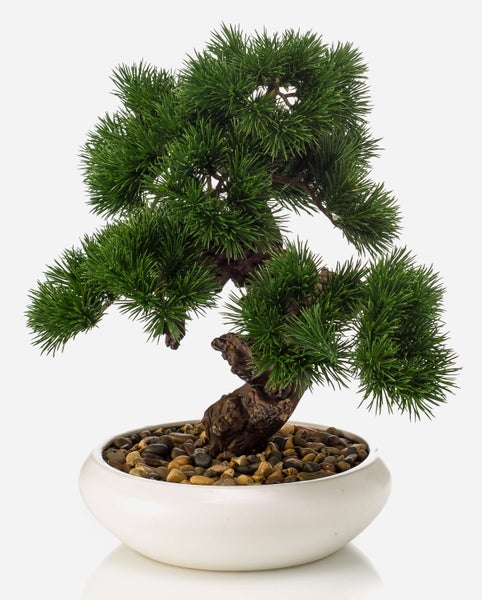 Künstlicher Bonsai Kiefer in weißer Keramikschale mit Kieselsteinen