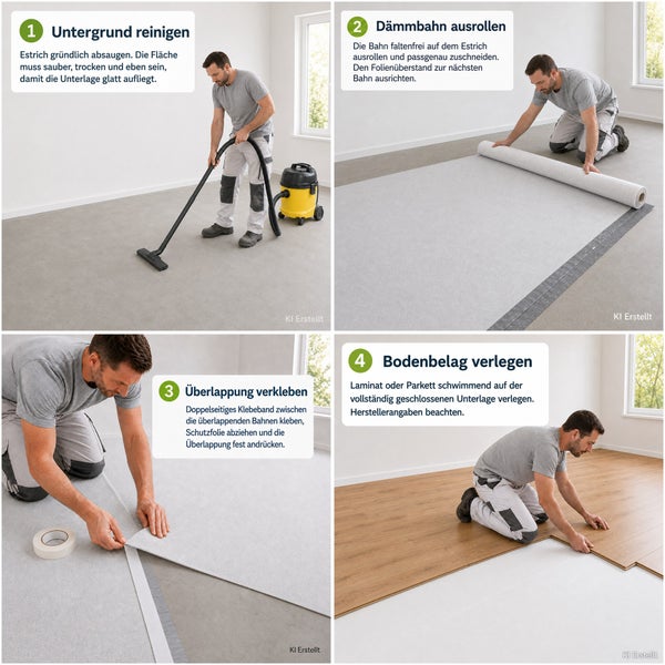 Anleitung zur Verlegung von Bodenunterlagen in vier Schritten: Untergrund reinigen, Dämmbahn ausrollen, Überlappung verkleben und Bodenbelag verlegen.