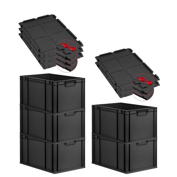 PROREGAL SuperSparSet 5x Eurobox NextGen Grip mit Scharnierdeckel und roten Schiebeschnappverschlüssen, HxBxT 32x40x60cm, 65 Liter, Schwarz, Griffe geschlossen, Verstärkter Boden, Eurobehälter, Transportbox, Transportbehälter, Stapelbehälter