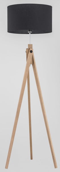 Moderne Stehlampe mit Stativgestell aus Holz und einem zylindrischen Lampenschirm für den Innenbereich.
