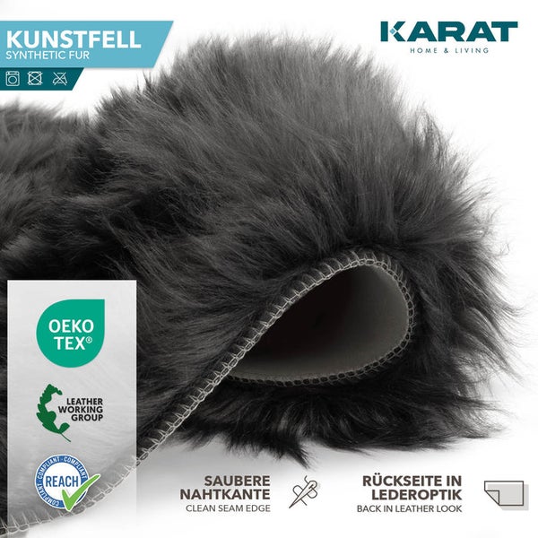Karat Home und Living Logo. Kunstfell mit sauberer Nahtkante und Rückseite in Lederoptik. Geprüft nach Oeko-Tex, REACH und Leather Working Group.