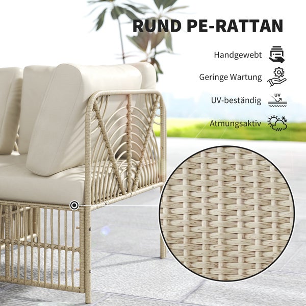 Outsunny Ecklounge-Set aus Polyrattan Gartenmöbel Set mit Ecksofa Sessel Hocker Kissen wetterfest Gartenlounge für 5 Personen Balkonmöbel Outdoor Sitzgruppe für Garten Balkon Naturholz+Cremeweiß