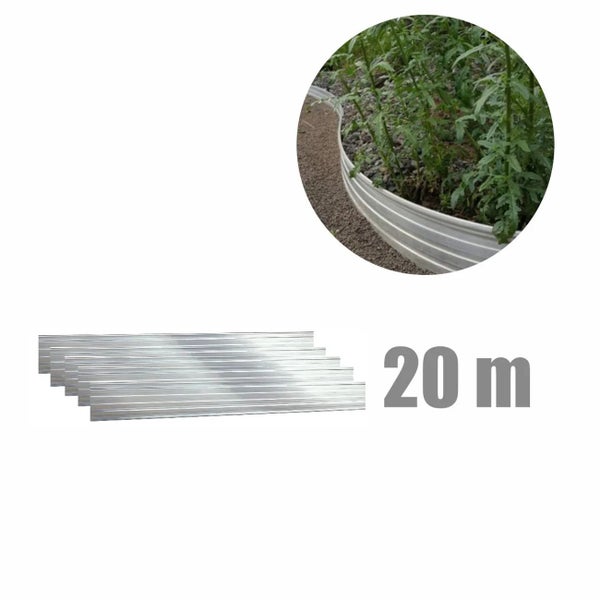 Metall Rasenkante, Set aus mehreren Streifen mit einer Gesamtlänge von 20 Meter, zur Anwendung als Beetumrandung im Garten.