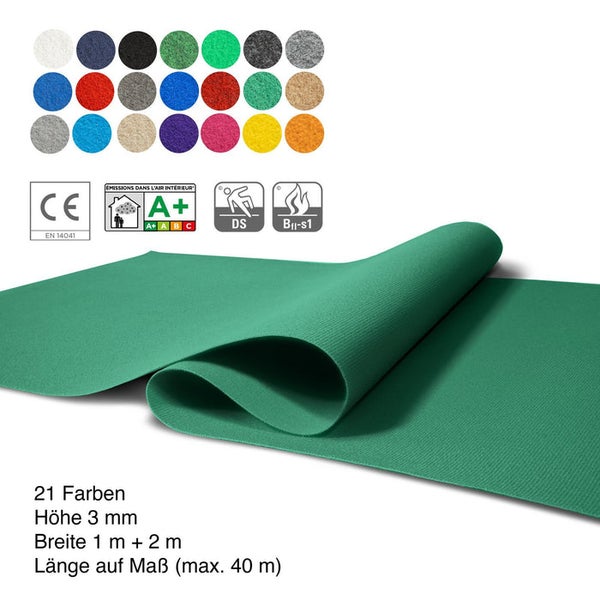 Getufteter Teppichboden in Grün mit Farbauswahl, CE-Kennzeichen, A Plus-Zertifizierung für Raumluftemissionen, DS-Symbol und Bfl-s1-Symbol.