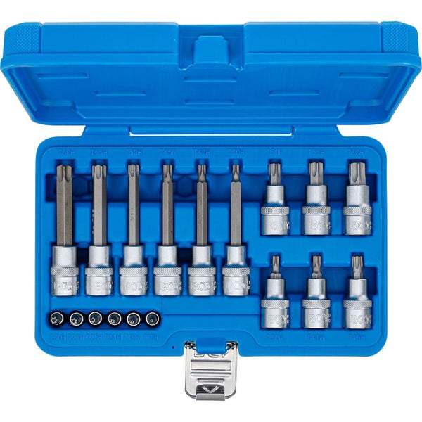 BGS Bit-Einsatz-Satz Antrieb Innenvierkant 6,3 mm (1/4) / 12,5 mm (1/2) T-Profil (für Torx) mit Bohrung 18tlg.  - 5174
