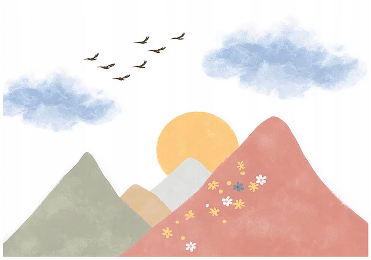 Illustration einer Berglandschaft mit Sonne, Wolken und Vogelschwarm