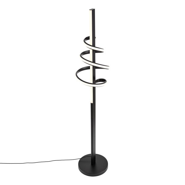 Moderne LED-Stehleuchte in Schwarz mit spiralförmigem Lichtelement und rundem Standfuß.