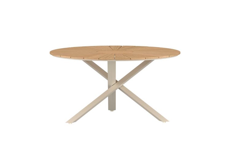 Runder Gartentisch mit Holzplatte und Metallgestell