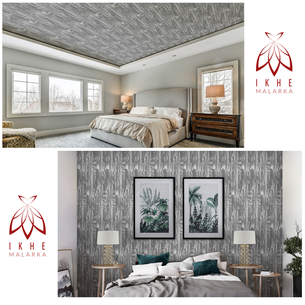 Schlafzimmer-Szenen mit grauer Tapete und Deckenverkleidung in Holzoptik, Betten, Nachttischlampen und IKHE MALARKA Logo.