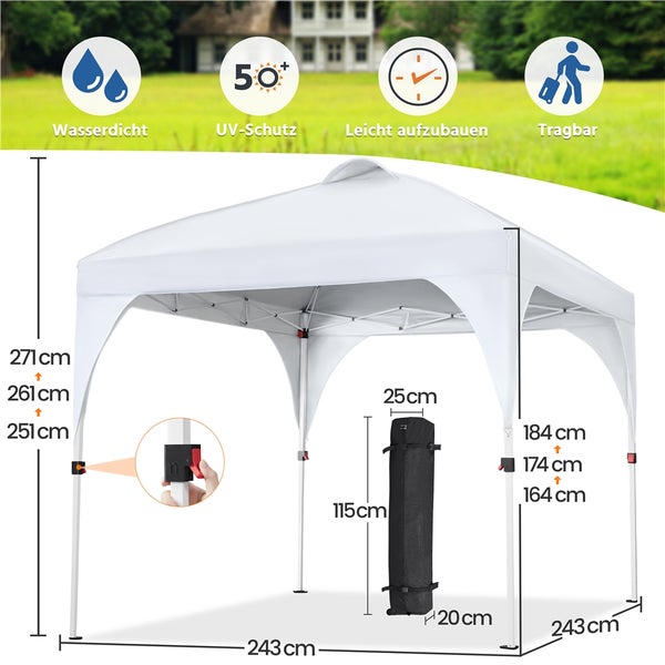 Weißes Faltpavillon mit Maßangaben und Produktsiegeln