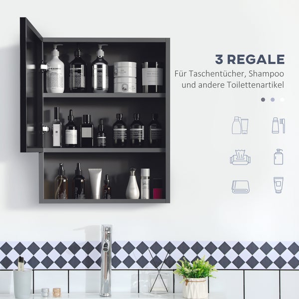 kleankin, Spiegelschrank, Badezimmerschrank, 46L x 13,5B x 58H cm, Edelstahl, Glas, Schwarz