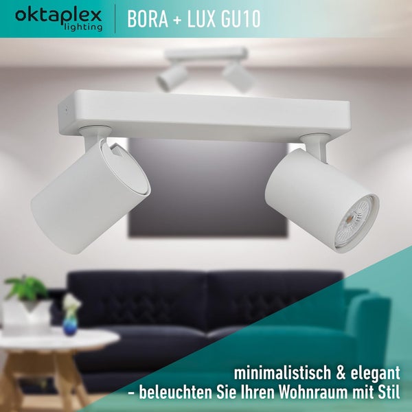 Bora Deckenstrahler 2-flammig warmweiß dimmbar GU10 Leuchtmittel 400lm 2700K LED Spotbalken für Decke und Wand weiß