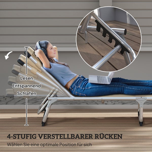 Outsunny Sonnenliege faltbar Gartenliege mit Kopfkissen ergonomisch Relaxliege mit 4-stufig verstellbaren Rückenlehne Alu bis 120 kg belastbar für Garten, Terrasse, Pool, , Strand,Beige