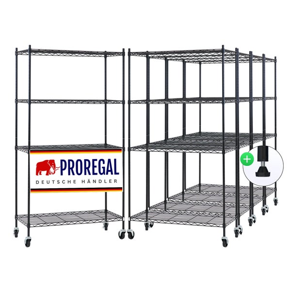 Proregal Drahtregale aus schwarzem Metall mit vier Etagen und Rollen, inklusive Detailaufnahme von verstellbaren Standfüßen. Proregal Logo.