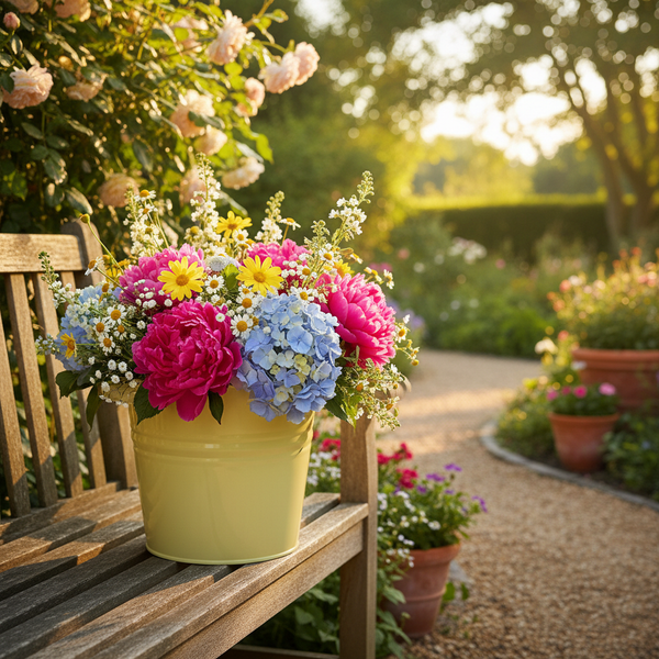 Bunter Blumenstrauß mit Pfingstrosen, Hortensien und Margeriten in einem gelben Metalleimer auf einer Holzgartenbank in einem hellen Garten.