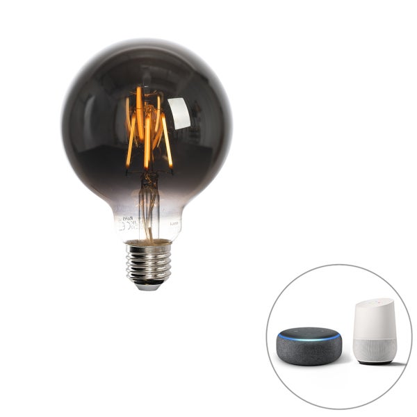 E27 LED-Globelampe mit Filament, Rauchglas, kompatibel mit Smart Home Sprachsteuerung.