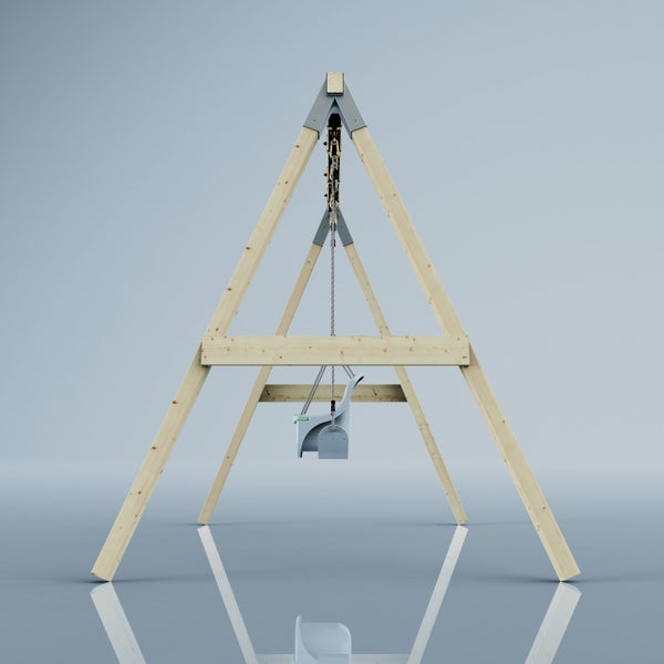 Schaukelgestell aus hellem Konstruktionsholz mit einer hellblauen Babyschaukel aus Kunststoff und grauen Eckverbindern.