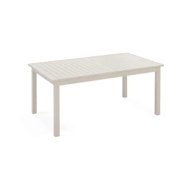 Rechteckiger Gartentisch aus Aluminium mit einer Tischplatte aus Latten in Beige.