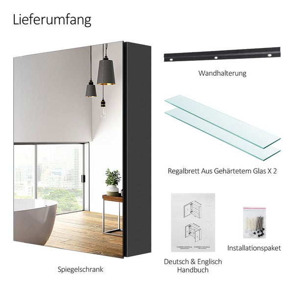 EMKE Spiegelschrank 850x145x650 mm, Grau, Rechteckig, Horizontal, 3 Innenräume, 3mm Rostfreies Spiegelglas, Mit Silent-Design Dämpfungsscharnieren, Badezimmer-Aufbewahrungsschrank, für Bad