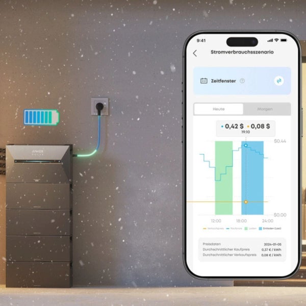 Anker SOLIX Heimspeicher-System mit App zur Überwachung des Stromverbrauchs und Batteriestatus im Außenbereich bei Schneefall.
