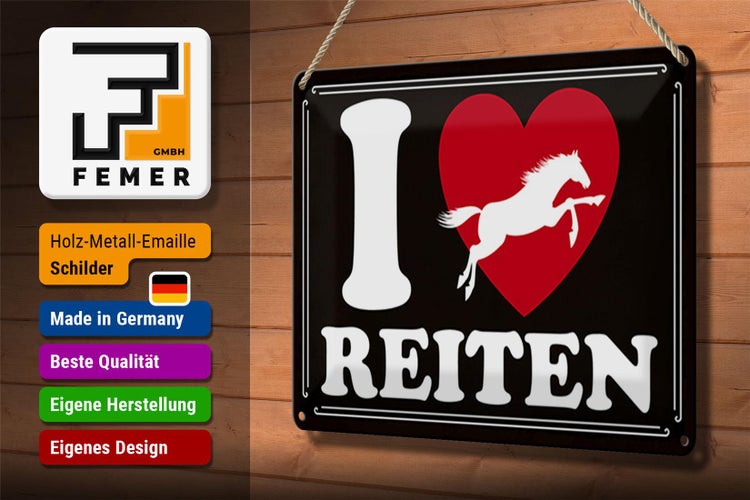 Blechschild Spruch 30x20cm Pferde i love reiten Herz