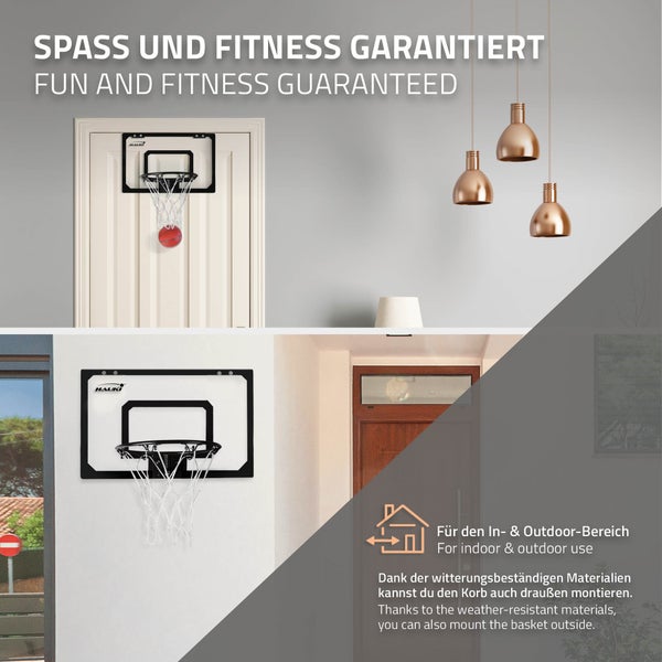Hauki Mini Basketballkorb fürs Zimmer im Set 3 Bälle Ø16cm, Netz, Pumpe, 58x40 cm, Schwarz, tragbar, Backboard Tür/Wandmontage, ohne Bohren, Indoor Basketball Hoop hängend, Hängebrett Basketballbrett