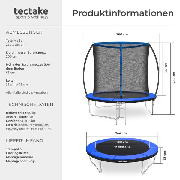 Produktinformationen zu einem Trampolin mit den Maßen 260 x 250 cm, einem Sprungnetz-Durchmesser von 200 cm und einer Leiter von 25 x 14 x 75 cm.