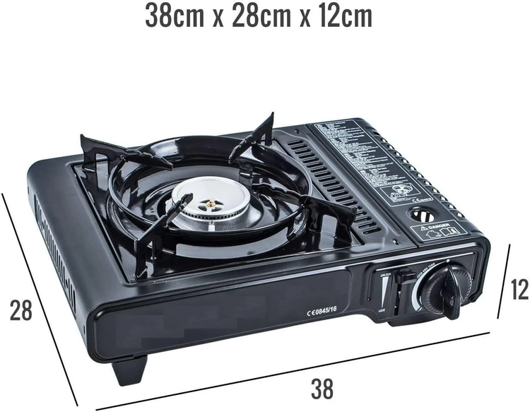 Schwarzer Gaskocher mit den Maßen 38 cm x 28 cm x 12 cm.