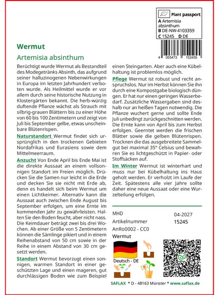 SAFLAX  - Wermut - Artemisia absinthum - 500 Samen - Mit keimfreiem Anzuchtsubstrat