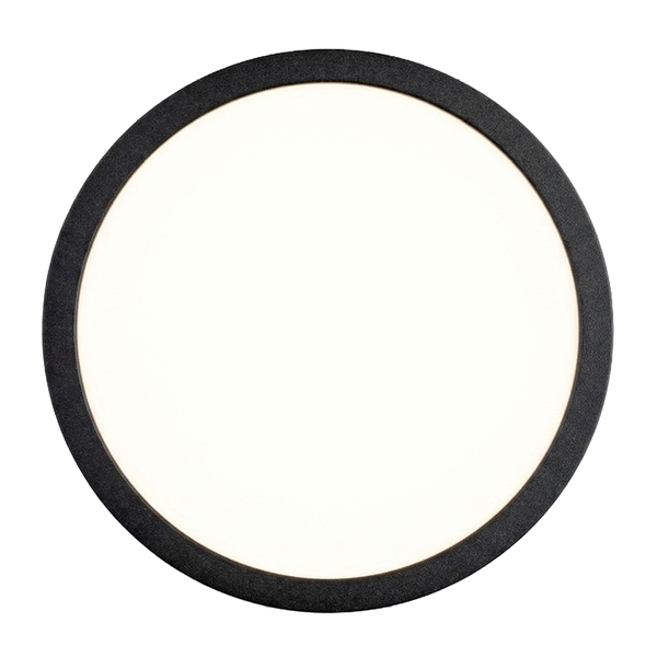Runde LED-Deckenleuchte mit schwarzem Rahmen und weißer Diffusorscheibe.