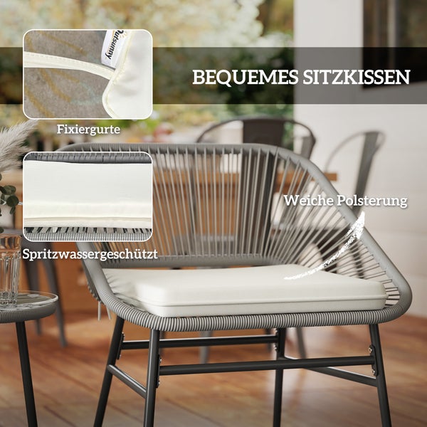 Outsunny Polyrattan Gartenmöbel Set, Outdoor Lounge Balkonmöbel für 2 Personen, 3-teilig Bistroset Sitzgruppe mit 2 Stühle, Beistelltisch, Kissen, wetterfest Gartenlounge für Garten Balkon Dunkelgrau
