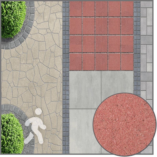 Draufsicht auf verschiedene begehbare Pflastersteine und Terrassenplatten für die Gartengestaltung mit Detailansicht der Oberflächenstruktur.