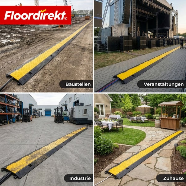 Floordirekt Logo. Vier Beispiele für Kabelbrücken im Einsatz: auf einer Baustelle, bei einer Veranstaltung, in der Industrie und zu Hause.