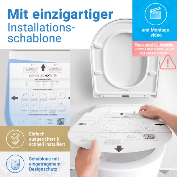 WC-Sitz mit Montageschablone von Lobenswerk. Anleitung und QR-Code für Montagevideo. Einfache Ausrichtung und Installation. Lobenswerk Logo.