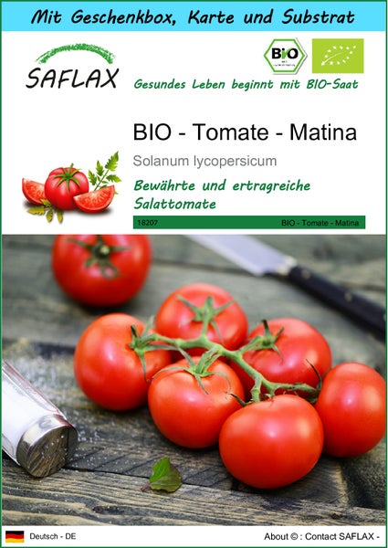 SAFLAX Geschenk Set - BIO - Tomate - Matina - Solanum lycopersicum - 10 Samen - Mit Geschenkbox, Versandaufkleber, Geschenkkarte und Anzuchtsubstrat