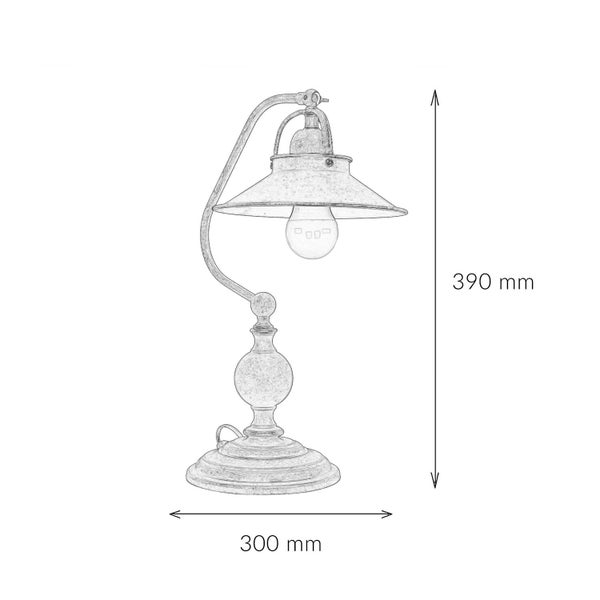 Skizze einer Tischleuchte mit den Maßen 390 mm Höhe und 300 mm Breite