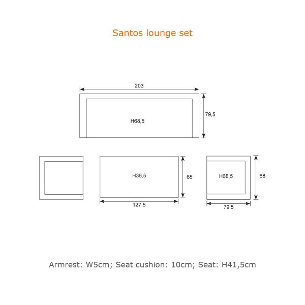 Maßskizze für das Santos Loungeset mit detaillierten Abmessungen in Zentimetern.