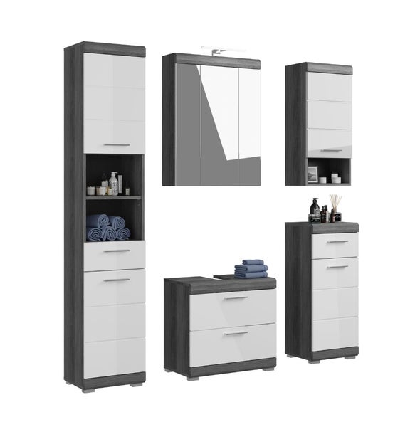 Fünf-teiliges Badezimmermöbel Set in Anthrazit und Weiß, bestehend aus Hochschrank, Spiegelschrank mit Beleuchtung, Hängeschrank und Unterschränken.
