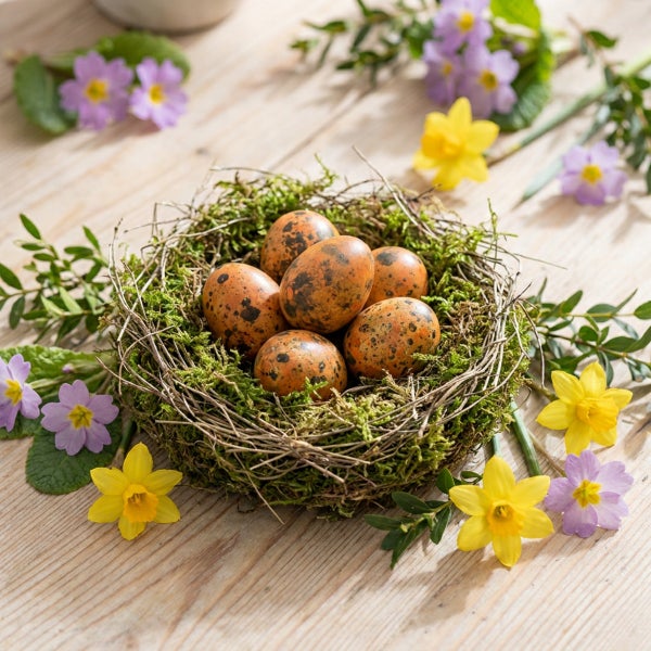 Osternest mit gefleckten Ostereiern auf Holzuntergrund mit Frühlingsblumen wie Narzissen und Primeln dekoriert.
